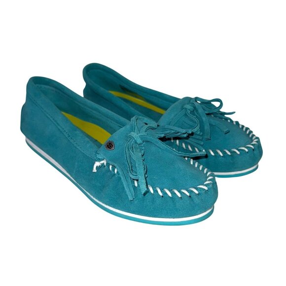 Minnetonka Turquoise Suede Moccasins Kitty Plus Womens Size 10 Fringe Whipstitch - Picture 2 of 16